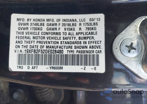 2013 Honda Civic Lx из США, поврежденный, VIN 19XFB2F52DE028480